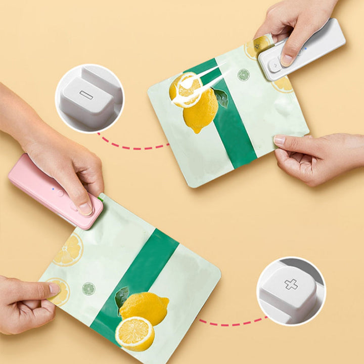 "USB-uppladdningsbar miniförseglare för kök, kompakt design, vit färg, för plastsäcksförsegling och skärning"