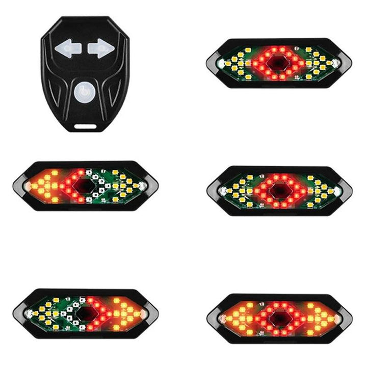 "USB-uppladdningsbart cykel bakljus med blinkers och horn, svart design, LED-ljus för säker cykling, vädertåligt."