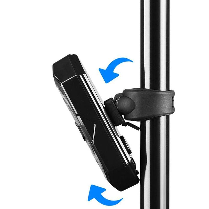 "USB-uppladdningsbart cykel bakljus med blinkers och horn, svart design, LED-ljus för säker cykling, vädertåligt."