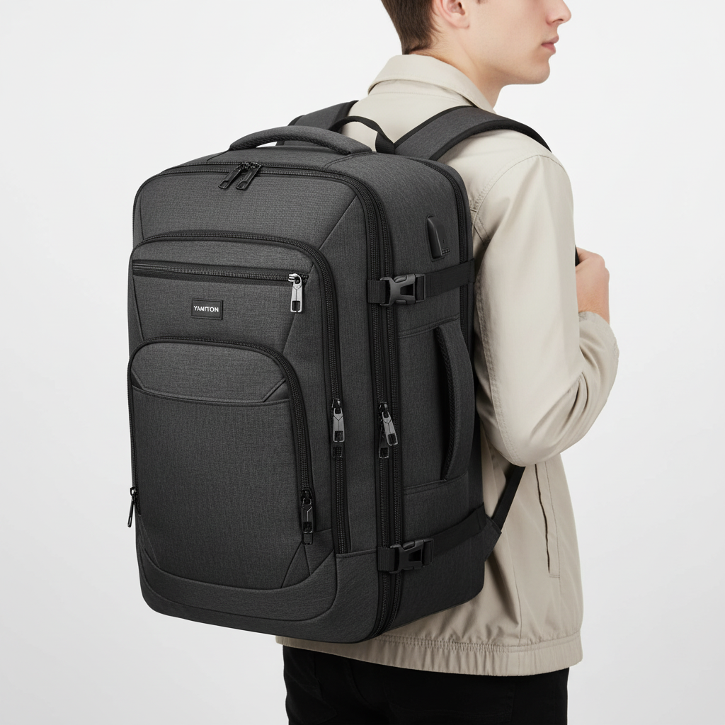 Tålig och funktionell reseryggsäck med laptopfack. Stöldskyddad design idealisk för säkra resor.