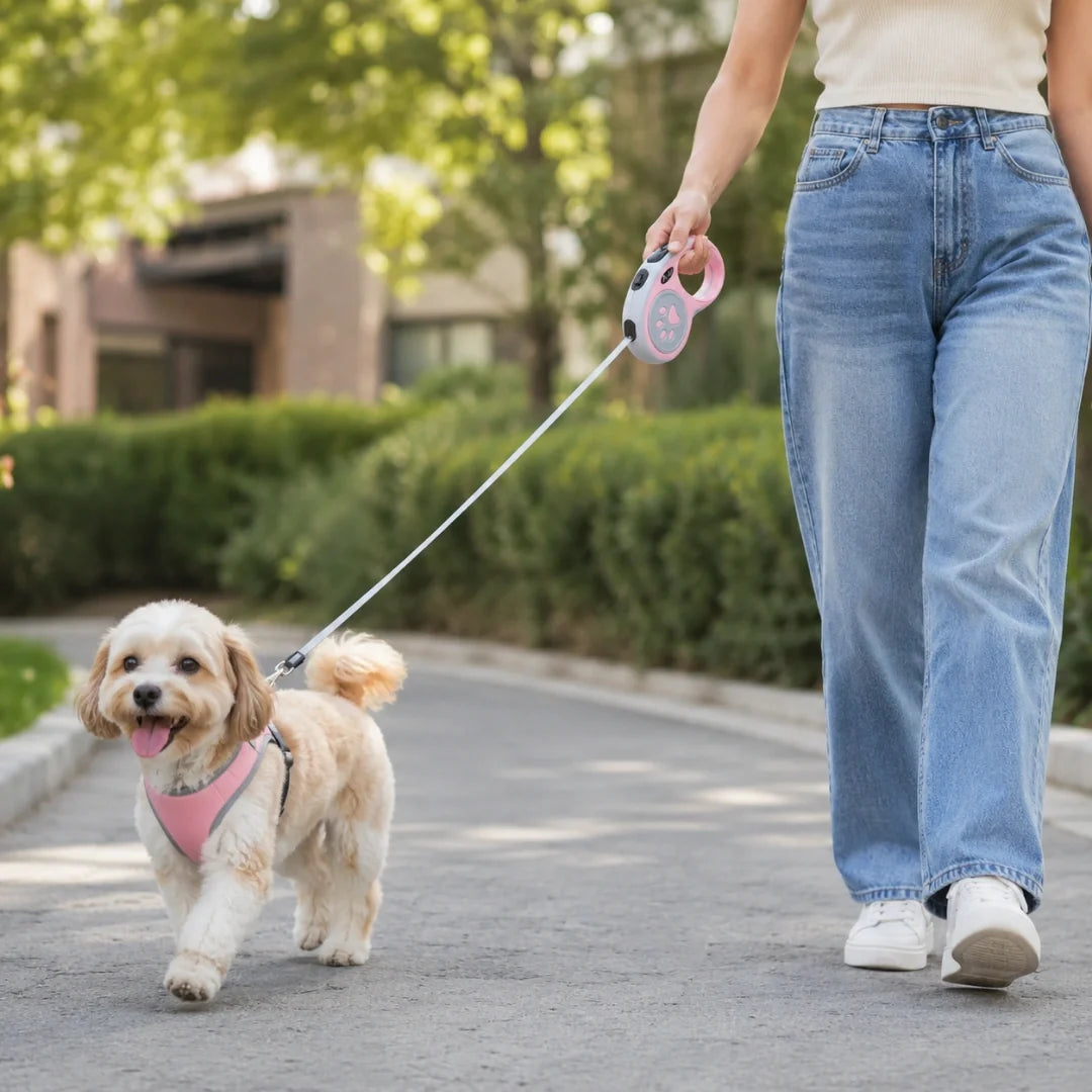 Rullkoppel för hund och katt, 5m långt. Ergonomiskt handtag för bekväm kontroll.