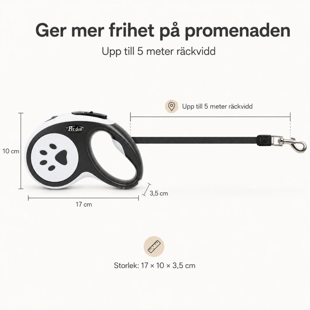 Flexibelt djurkoppel 5 meter. Perfekt för valp, hund & katt som behöver rörelsefrihet.