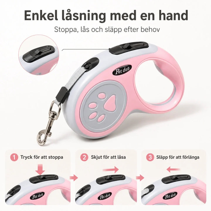 Slitstarkt husdjurskoppel, 5 meter utdragbart, för dagliga promenader med hund eller katt.