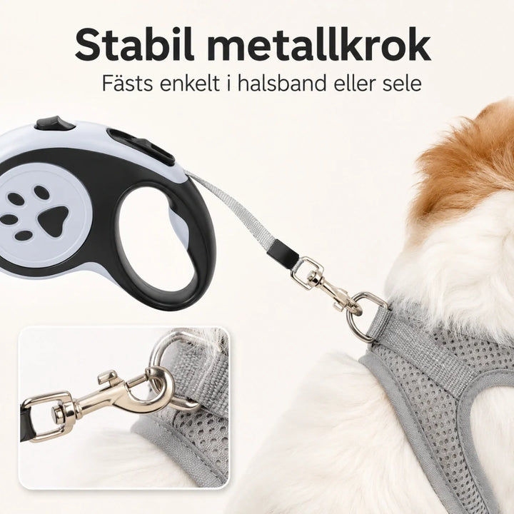 Ergonomiskt rullkoppel för hundar & katter, 5m långt, med smidig bromsfunktion.