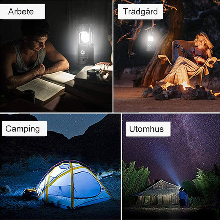 "Utomhus LED-campinglampa med inbyggd fläkt, robust ABS-design i silver och gyllene, perfekt för camping."