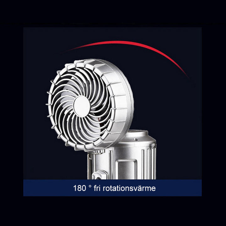 "Utomhus LED-campinglampa med inbyggd fläkt, robust ABS-design i silver och gyllene, perfekt för camping."