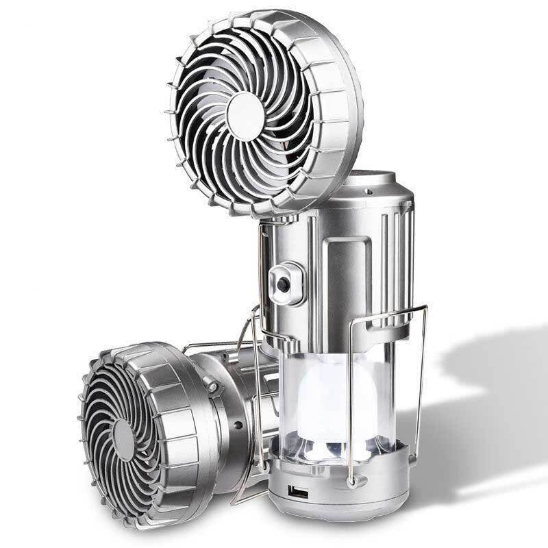 "Utomhus LED-campinglampa med inbyggd fläkt, robust ABS-design i silver och gyllene, perfekt för camping."