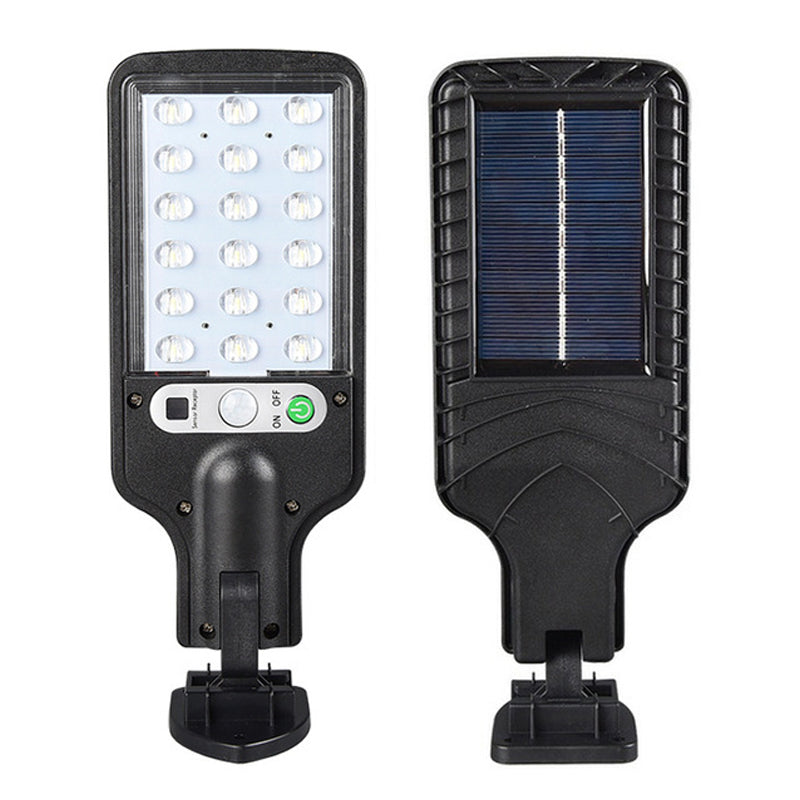 "Utomhus soldriven LED-lampa med rörelsedetektor och fjärrkontroll, 6000K kallvitt ljus, IP65 vattentät design."