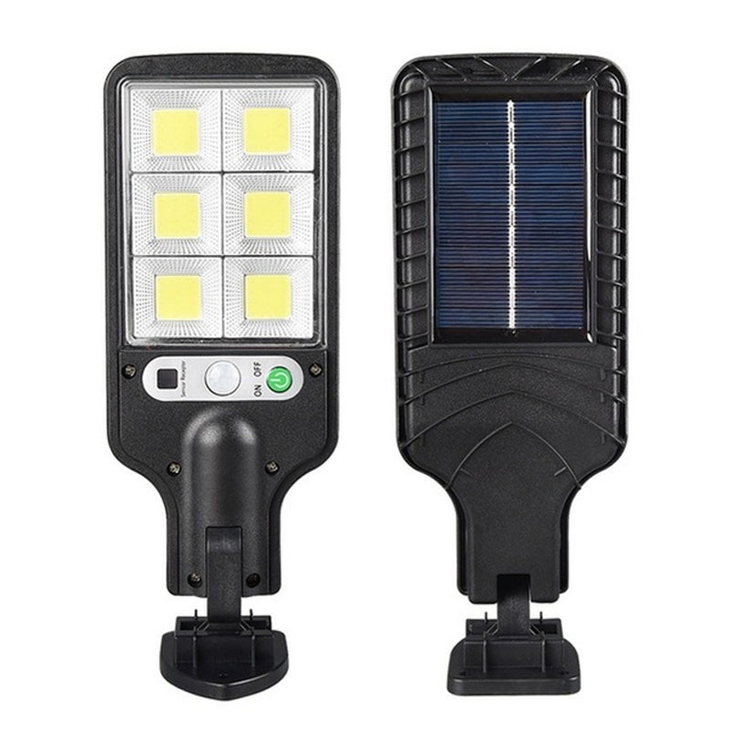 "Utomhus soldriven LED-lampa med rörelsedetektor och fjärrkontroll, 6000K kallvitt ljus, IP65 vattentät design."