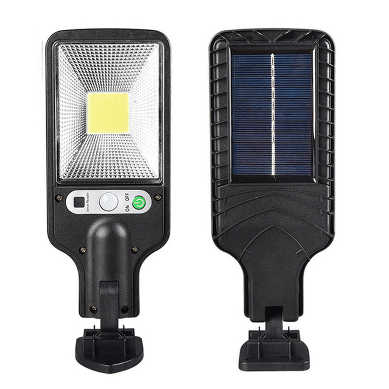 "Utomhus soldriven LED-lampa med rörelsedetektor och fjärrkontroll, 6000K kallvitt ljus, IP65 vattentät design."