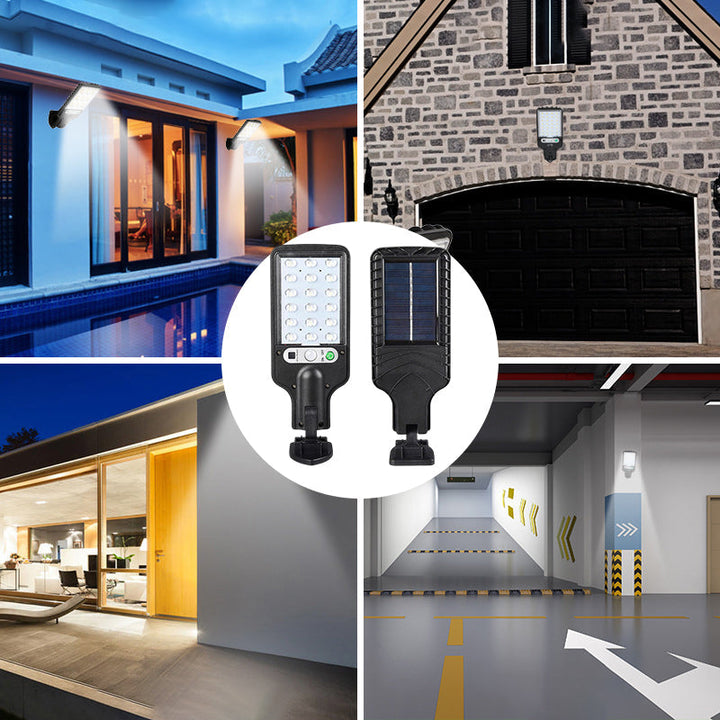 "Utomhus soldriven LED-lampa med rörelsedetektor och fjärrkontroll, 6000K kallvitt ljus, IP65 vattentät design."
