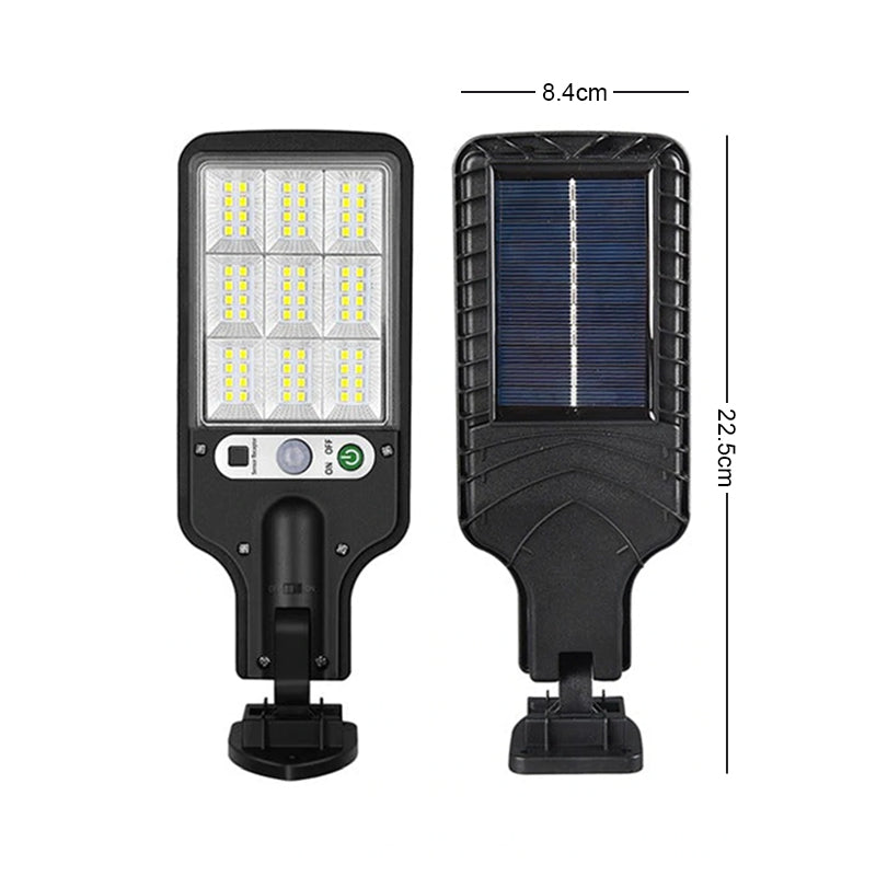 "Utomhus soldriven LED-lampa med rörelsedetektor och fjärrkontroll, 6000K kallvitt ljus, IP65 vattentät design."