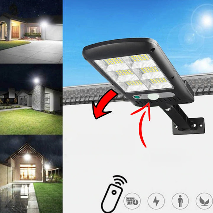 "Utomhus soldriven LED-lampa med rörelsedetektor och fjärrkontroll, 6000K kallvitt ljus, IP65 vattentät design."