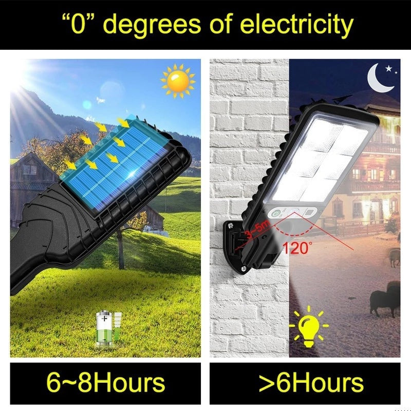 "Utomhus soldriven LED-lampa med rörelsedetektor och fjärrkontroll, 6000K kallvitt ljus, IP65 vattentät design."
