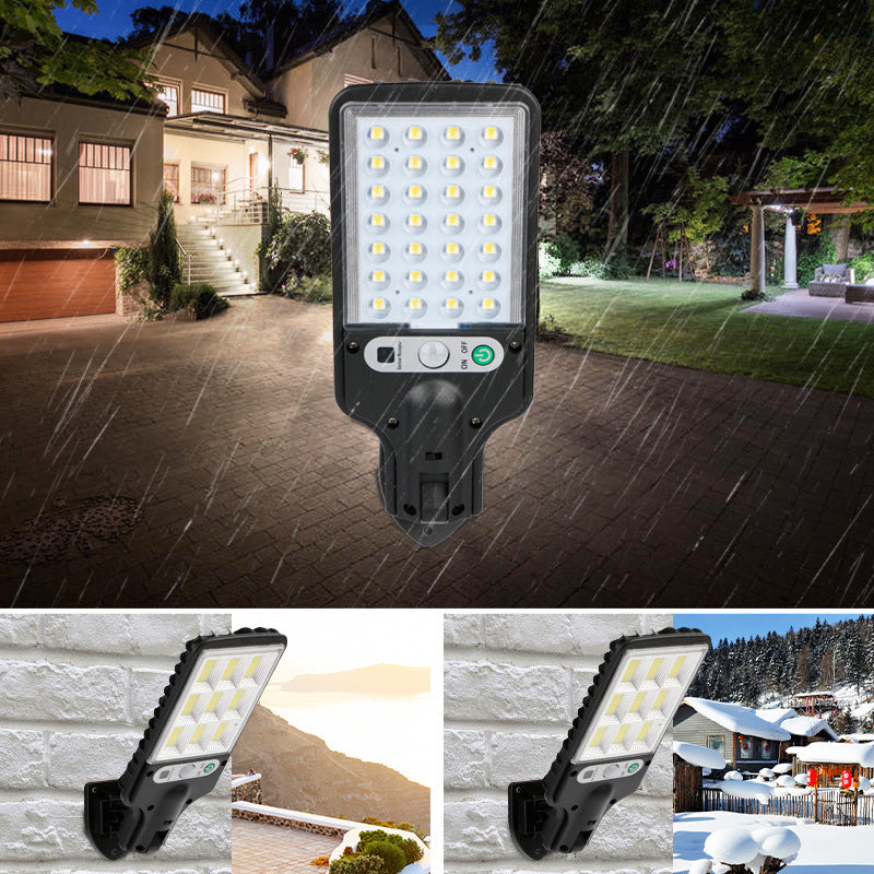 "Utomhus soldriven LED-lampa med rörelsedetektor och fjärrkontroll, 6000K kallvitt ljus, IP65 vattentät design."