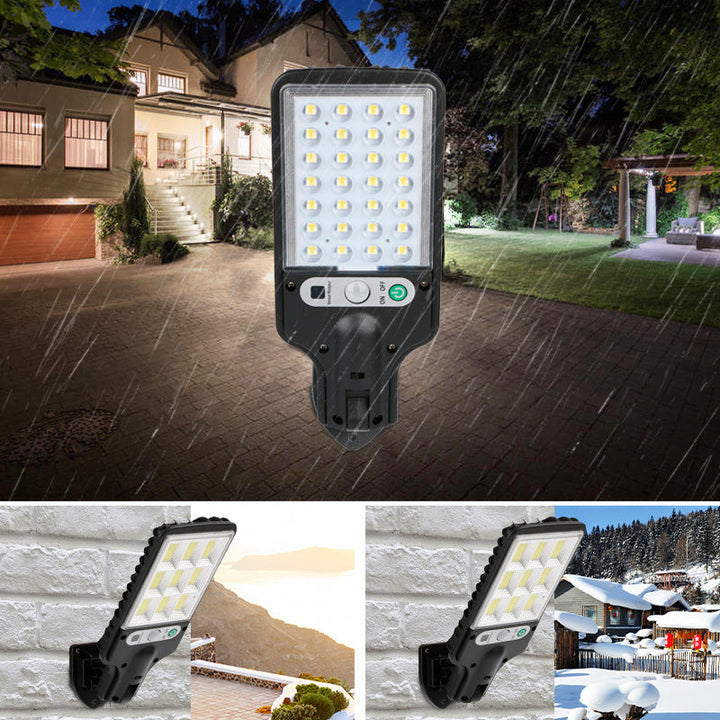 "Utomhus soldriven LED-lampa med rörelsedetektor och fjärrkontroll, 6000K kallvitt ljus, IP65 vattentät design."