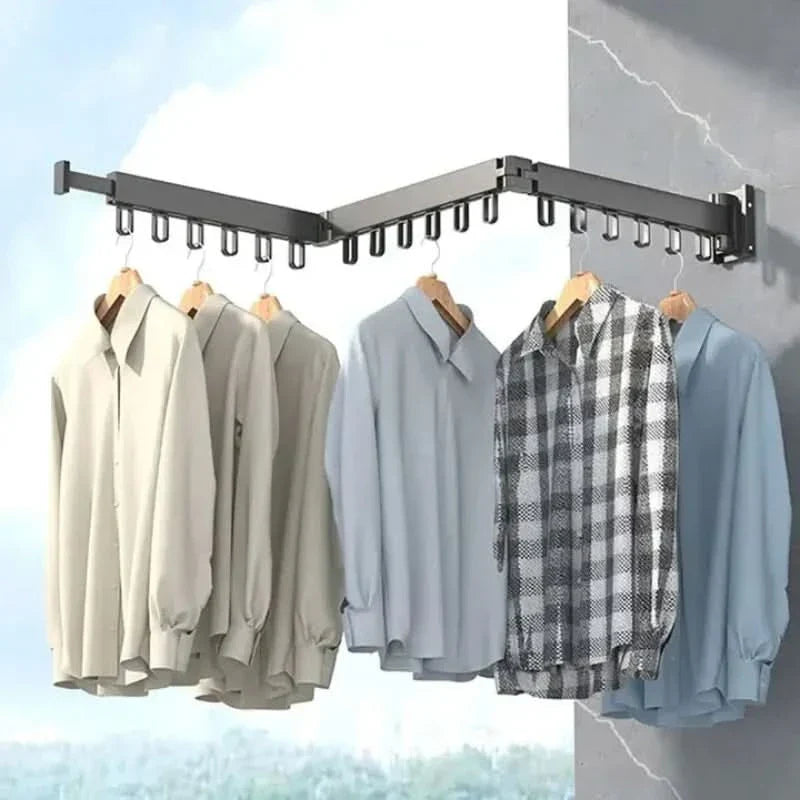 Robust torkställning vägghängd för tvättstuga eller badrum. Fällbar design sparar plats när den inte används.