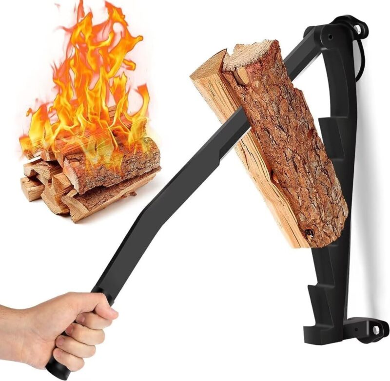 Väggmonterad vedklyv med hävstång för enkel och säker klyvning av ved, perfekt för kaminved.