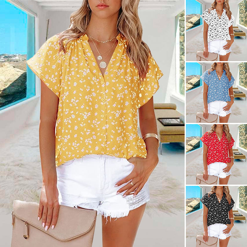 "V-ringad blommönstrad boho topp för kvinnor, lätt och luftigt material, perfekt för sommar och festliga tillfällen."