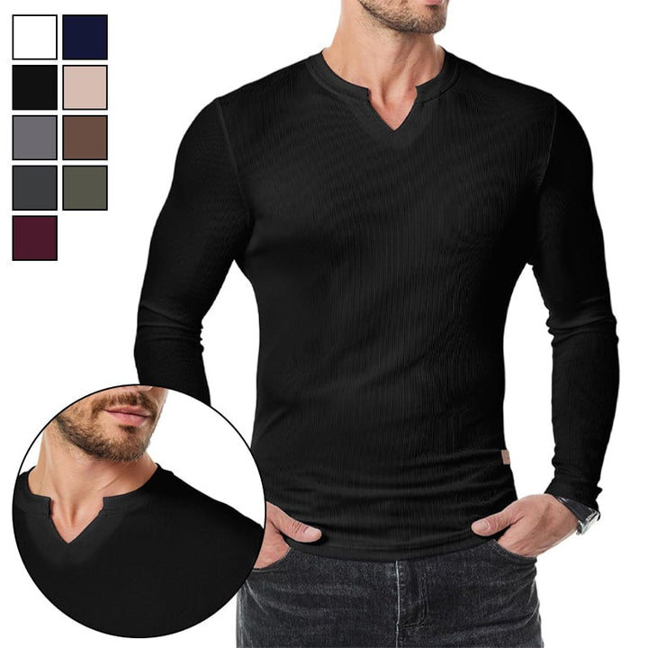 "V-ringad långärmad muskelskjorta för män med slim fit, framhäver kroppens fysik med modern design och komfort."