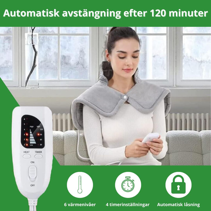 Bekväm flanell värmedyna för nacke & axlar med timerfunktion, perfekt för avkopplande värmebehandling.