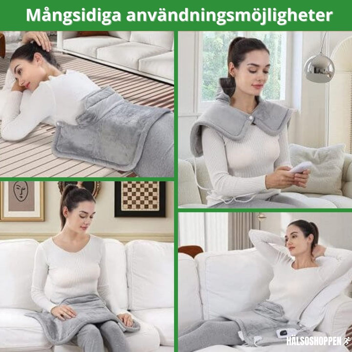 Mjuk värmedyna i flanell för nacke och axlar. Lindrar smärta och ger mysig avkoppling med justerbar värme.