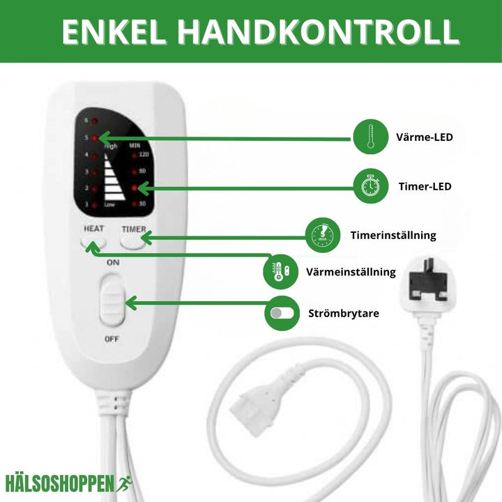 Ergonomisk värmedyna designad för nacke och axlar, med 6 värmelägen och timer för optimal smärtlindring.