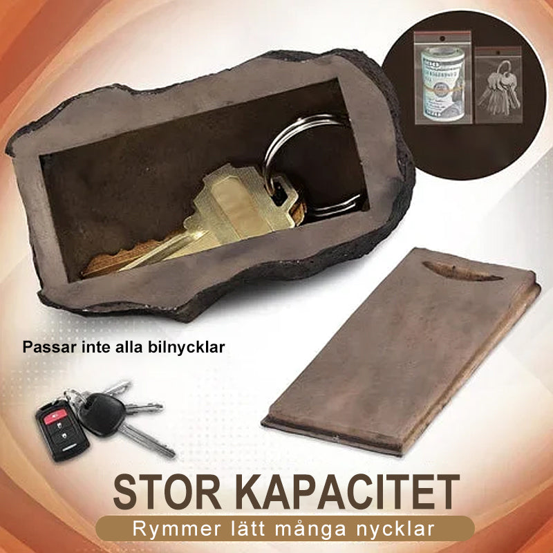 "Väderbeständig stenformad nyckelförvaring med realistisk textur för utomhusbruk. Perfekt för att gömma nycklar diskret."