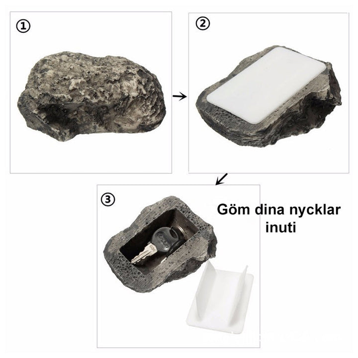 "Väderbeständig stenformad nyckelförvaring med realistisk textur för utomhusbruk. Perfekt för att gömma nycklar diskret."