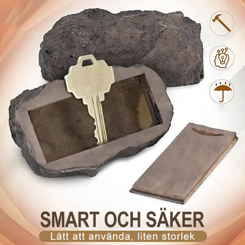 "Väderbeständig stenformad nyckelförvaring med realistisk textur för utomhusbruk. Perfekt för att gömma nycklar diskret."