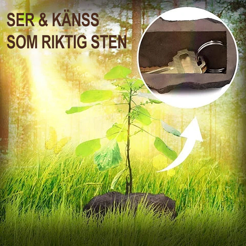 "Väderbeständig stenformad nyckelförvaring med realistisk textur för utomhusbruk. Perfekt för att gömma nycklar diskret."