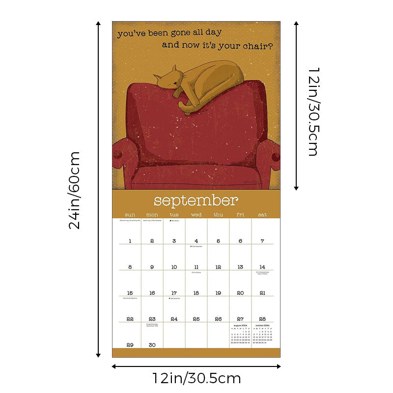 "Väggkalender 2024 med humoristiska kattbilder, perfekt för kattälskare som vill ha skratt i vardagen."