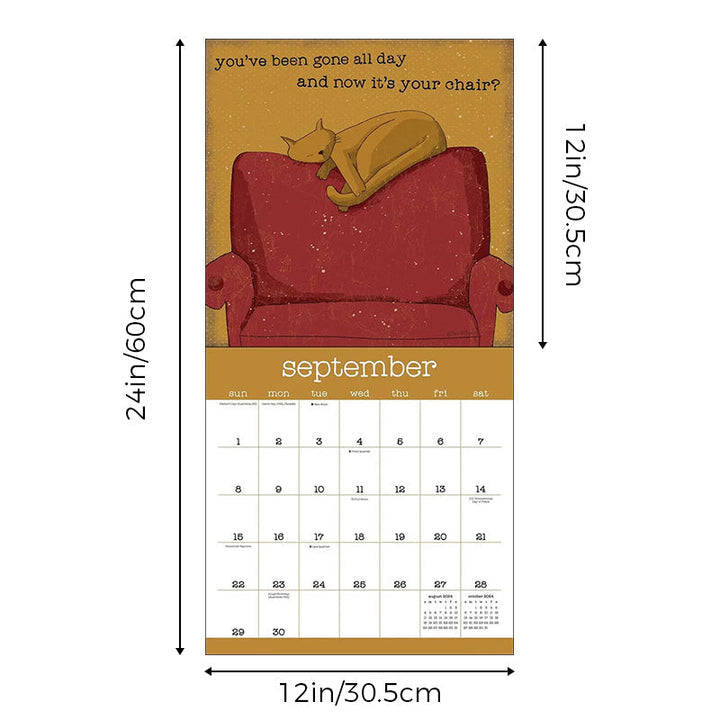 "Väggkalender 2024 med humoristiska kattbilder, perfekt för kattälskare som vill ha skratt i vardagen."