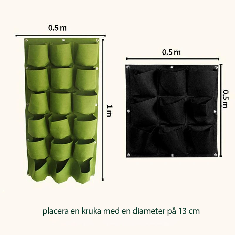 "Väggmonterad växtkruka i filt med 18-fickor, svart/grön, lämpar sig för vertikala trädgårdar och små utrymmen."