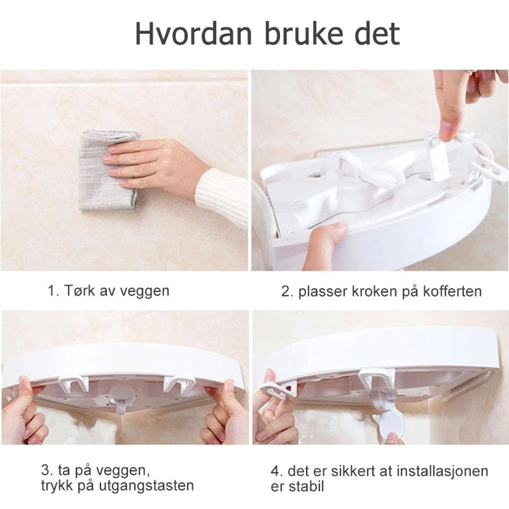 "Väggmonterad vit hörnhylla för badrum utan skruvar, stilren design med dräneringshål, passar kakel och glasytor."