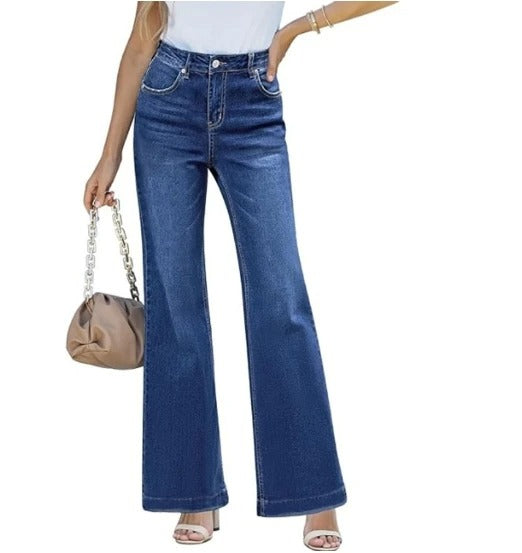 Damernas Högmidjade Cropped Flare Jeans i Ljus Denim