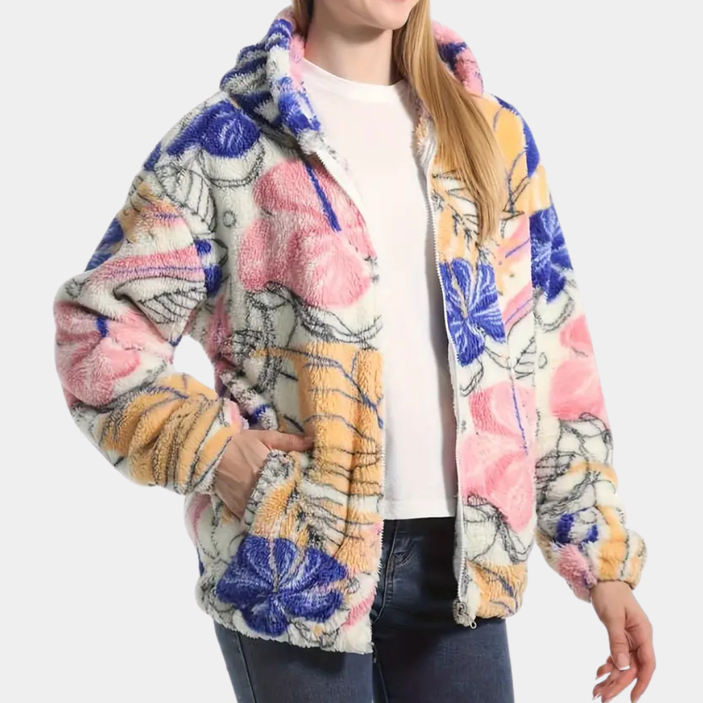 Mjuk fleece damjacka med livligt blommönster & huva, perfekt för avslappnad höststil. Varmt mode.