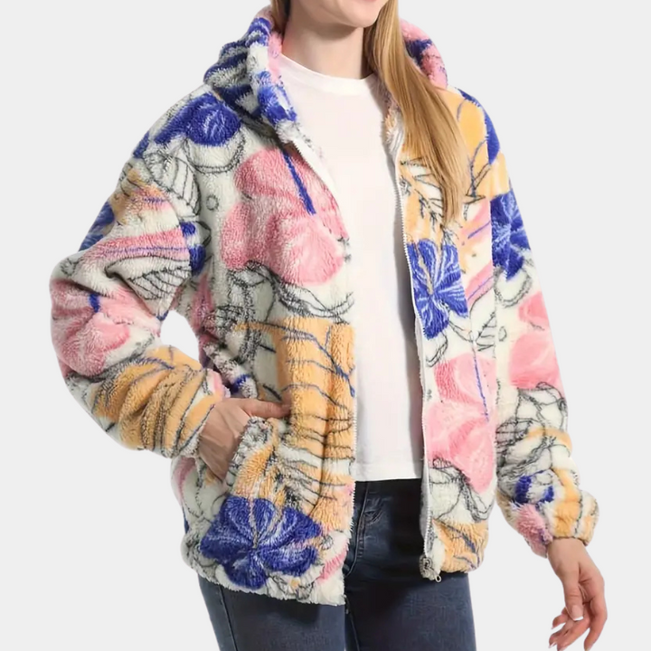 Mjuk fleece damjacka med livligt blommönster & huva, perfekt för avslappnad höststil. Varmt mode.