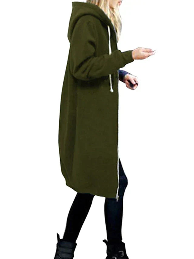 Snygg Warmode damhuvtröja med dragkedja, knälång design idealisk för en trendig avslappnad look.