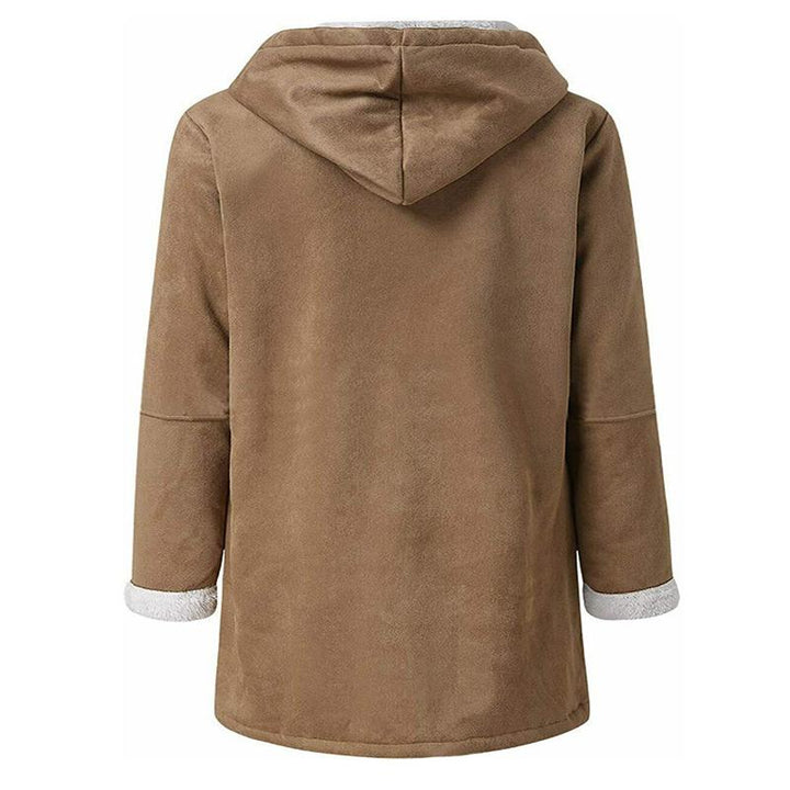 "Varm mockakappa med sherpaslag, hornknappar och elegant design för kvinnor, perfekt för vinterns stil och komfort."