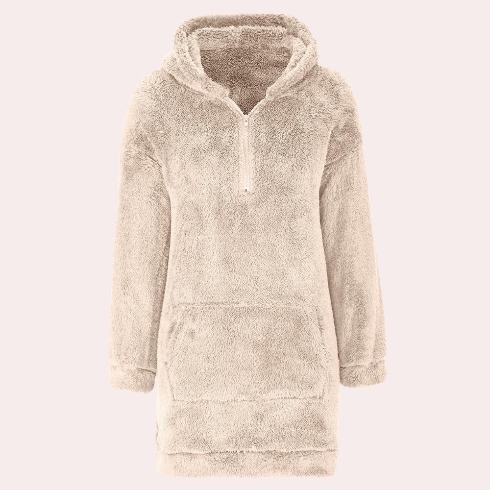 Khaki varm damvinterjacka i fleece med dragkedja. Stilren hoodie för höst och vinter.