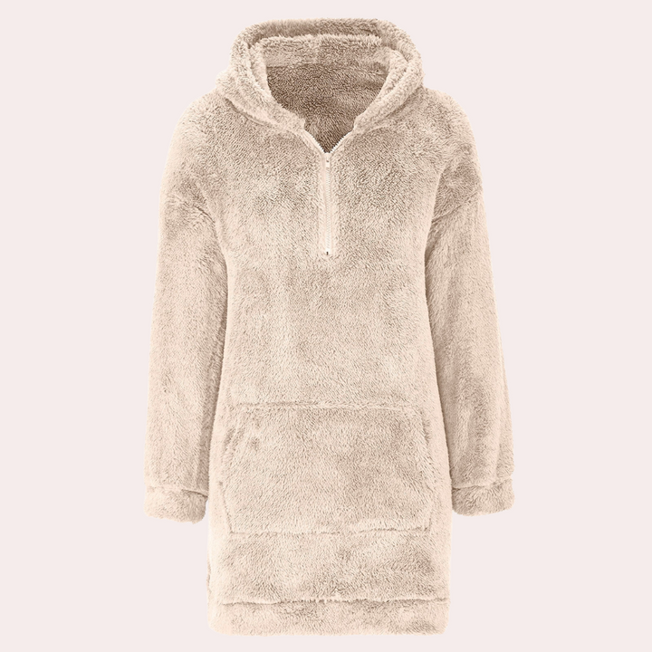 Khaki varm damvinterjacka i fleece med dragkedja. Stilren hoodie för höst och vinter.