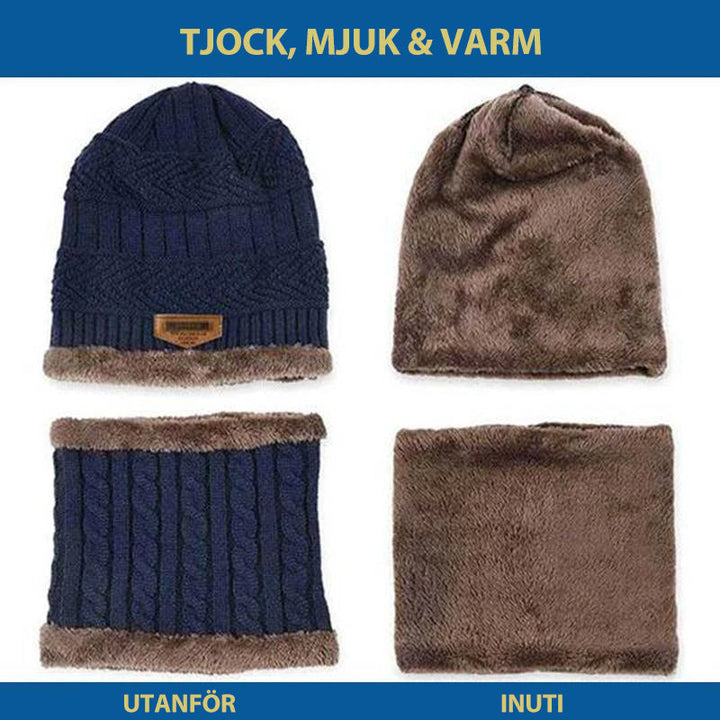 "Varm stickad mössa och halsduk, grå akryl och fleece, vuxna och barn, modernt 2-i-1 vinterset för kalla dagar"