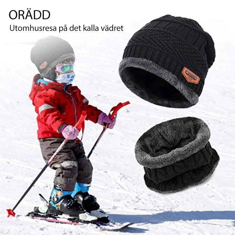 "Varm stickad mössa och halsduk, grå akryl och fleece, vuxna och barn, modernt 2-i-1 vinterset för kalla dagar"