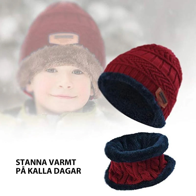 "Varm stickad mössa och halsduk, grå akryl och fleece, vuxna och barn, modernt 2-i-1 vinterset för kalla dagar"