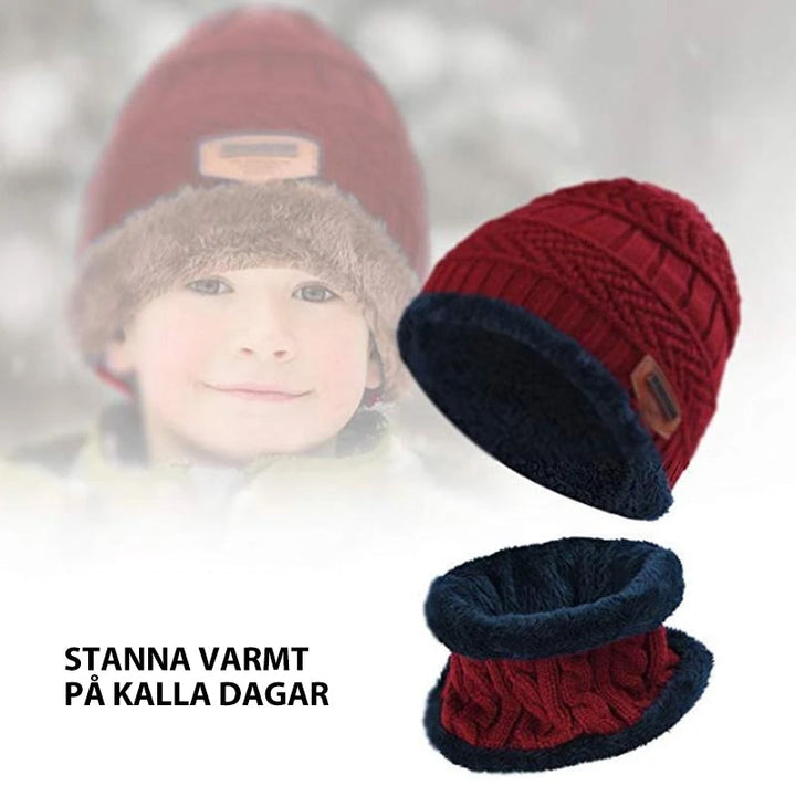 "Varm stickad mössa och halsduk, grå akryl och fleece, vuxna och barn, modernt 2-i-1 vinterset för kalla dagar"