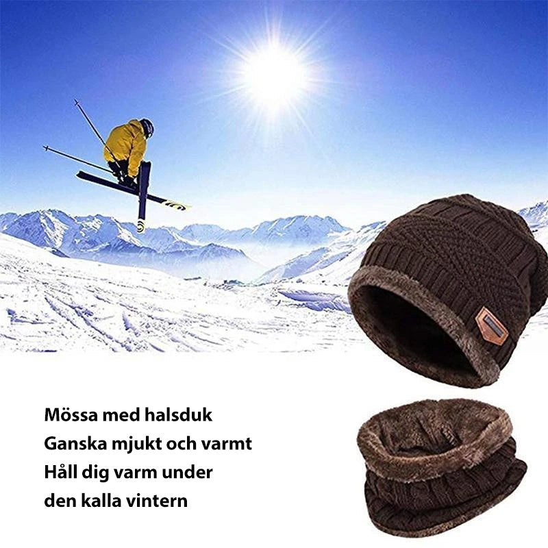 "Varm stickad mössa och halsduk, grå akryl och fleece, vuxna och barn, modernt 2-i-1 vinterset för kalla dagar"