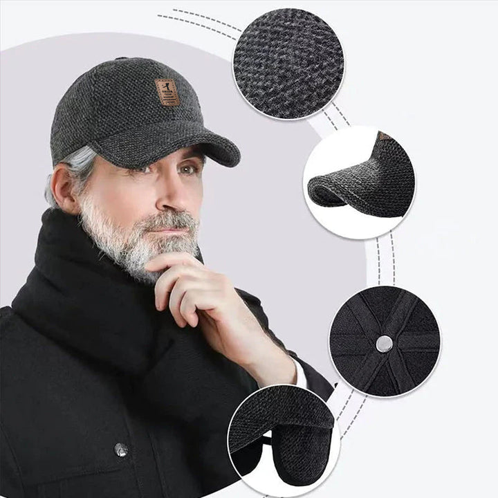 "Varm vinterkeps för män med öronlappar i grå ullblandning, elegant design för utomhusaktiviteter"