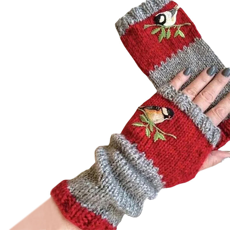 "Varma fingerlösa lapptäckebroderade vinterhandskar för kvinnor, broderidetaljer, mjukt akrylt, charmig design."