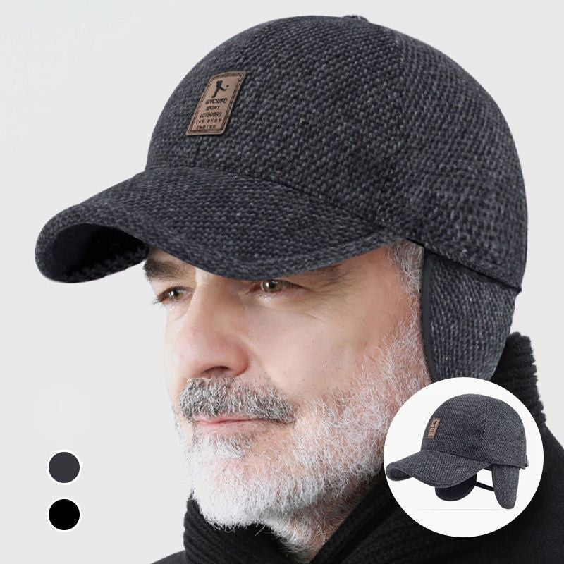 "Värmande unisex basebollkeps för vinter med öronskydd i grått, justerbar passform, perfekt för kalla dagar."